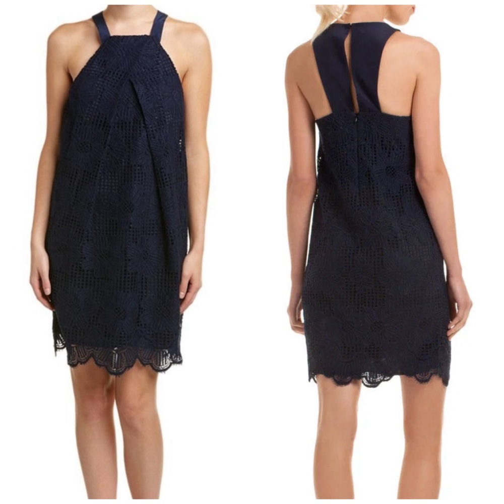 Trina Turk Felisha Pleated Front Floral Lace Sleeveless Halter Shift Mini Dress